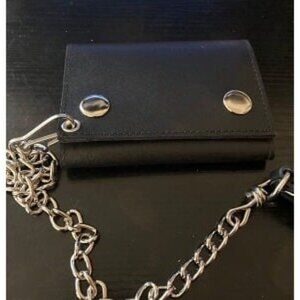 New BLACK GENUINE LEATHER Biker's Wallet ID Card Holder w/ Chain Trifold